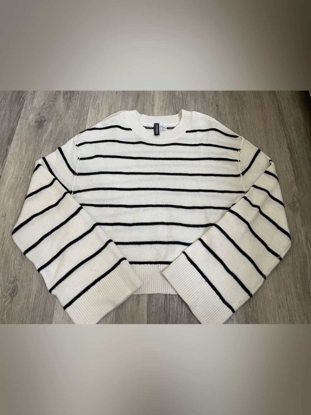 H&M White Crewneck Sweater with Black Stripes